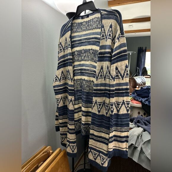 Chaps Open Cardigan Sweater Size Large Blue Cream Tribal Print - Picture 3 of 8